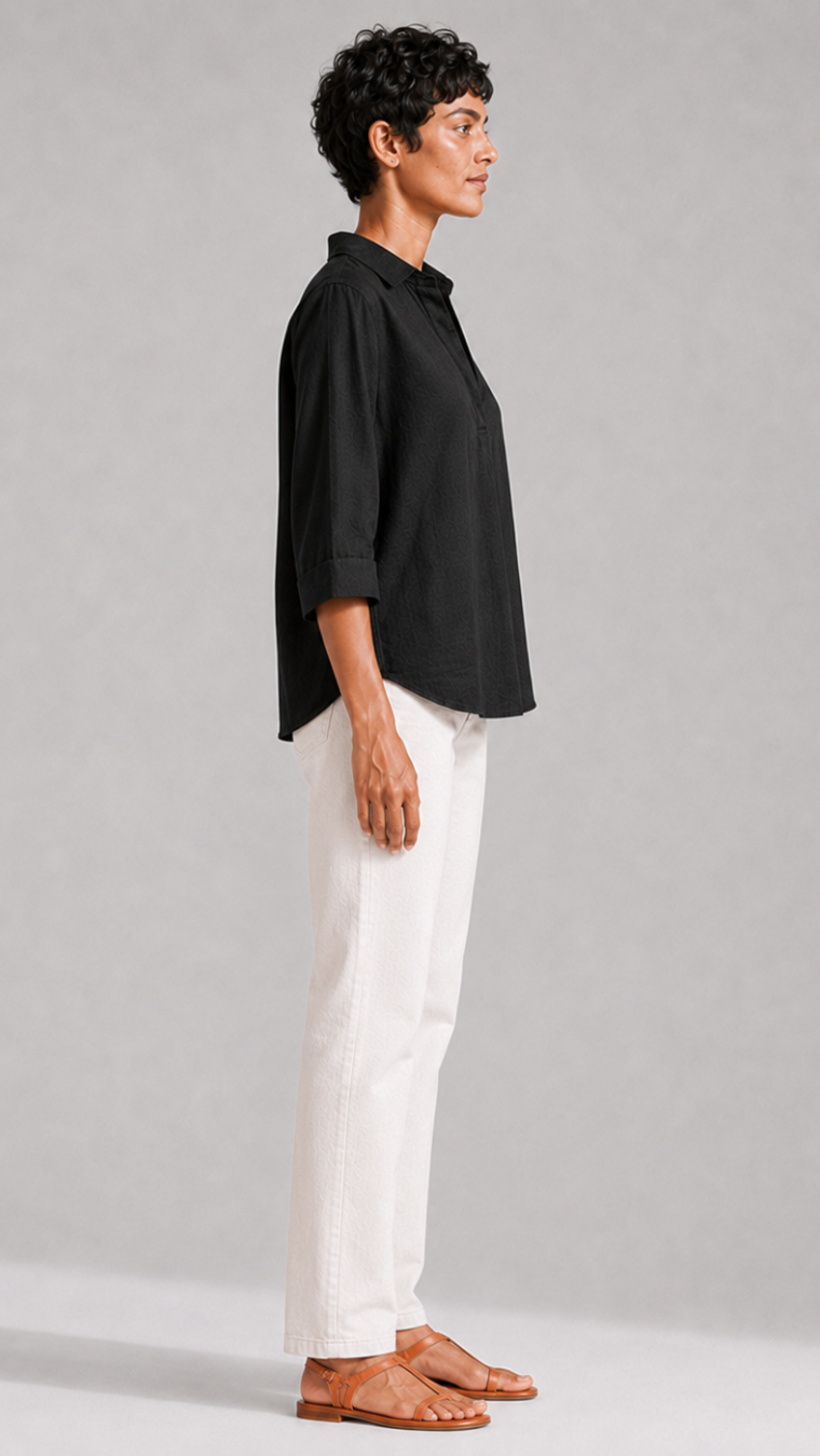 BLACK FRONT PLEATED COTTON TOP