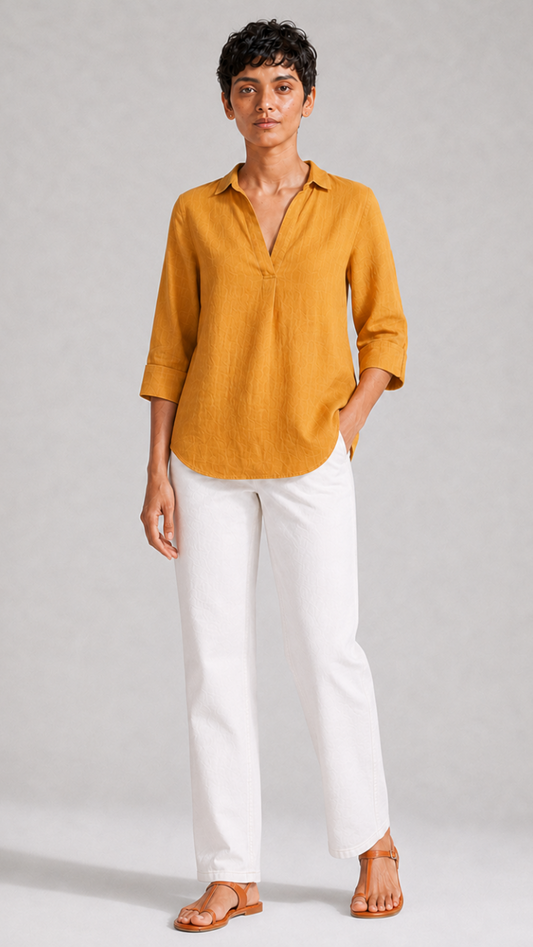 YELLOW FRONT PLEATED COTTON TOP