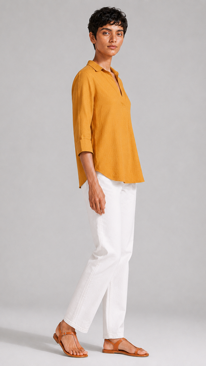 YELLOW FRONT PLEATED COTTON TOP