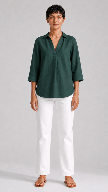 GREEN FRONT PLEATED COTTON TOP