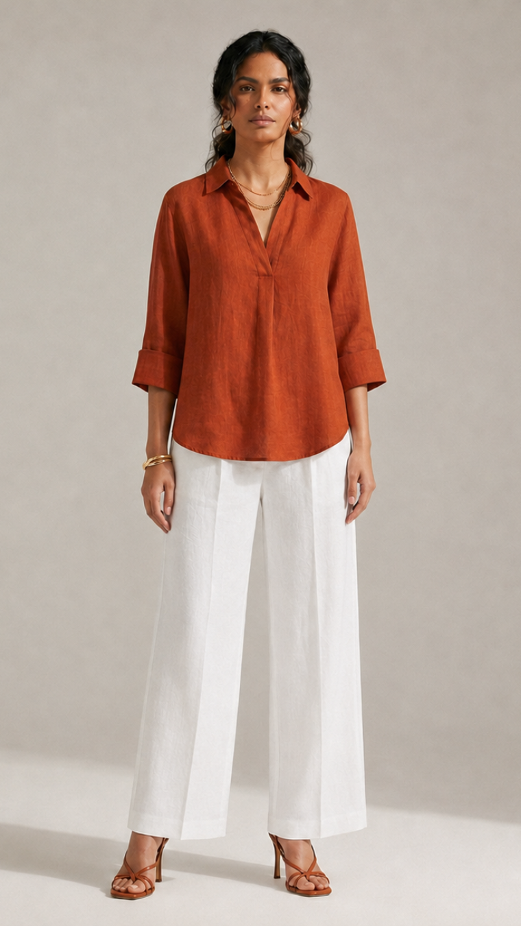 RUST FRONT PLEATED COTTON TOP