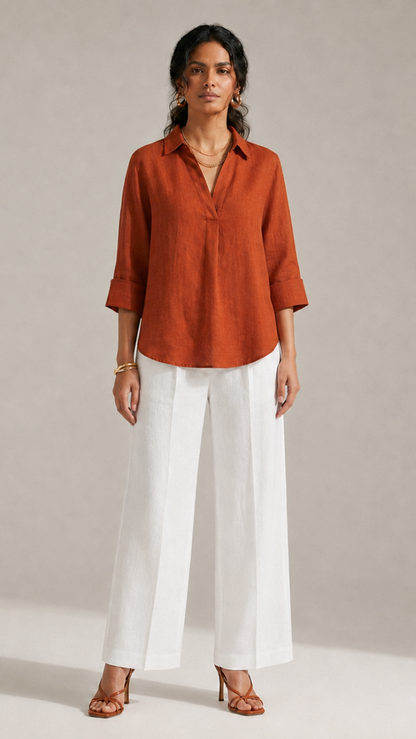 RUST FRONT PLEATED COTTON TOP