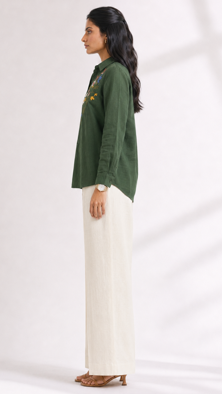Green Garden Embroidered Cotton Shirt