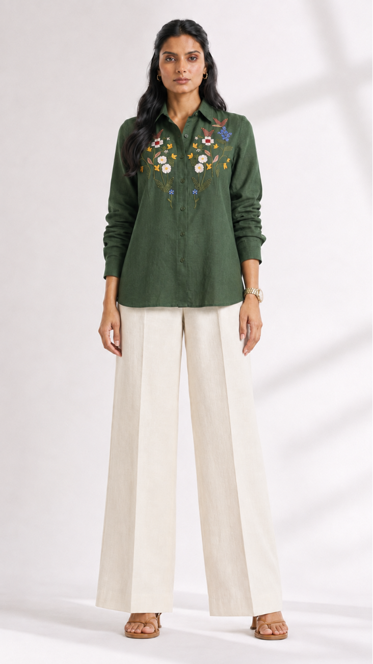 Green Garden Embroidered Cotton Shirt