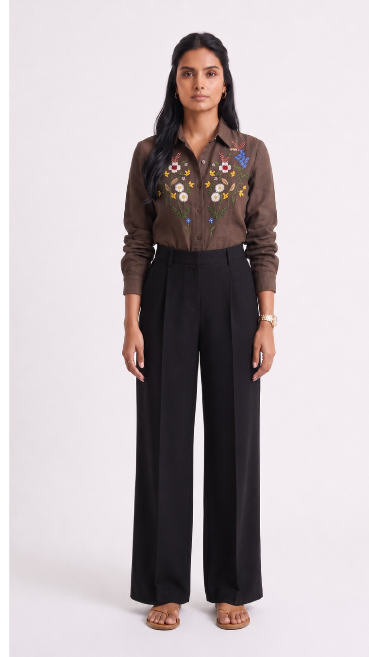 Brown Garden Embroidered Cotton Shirt