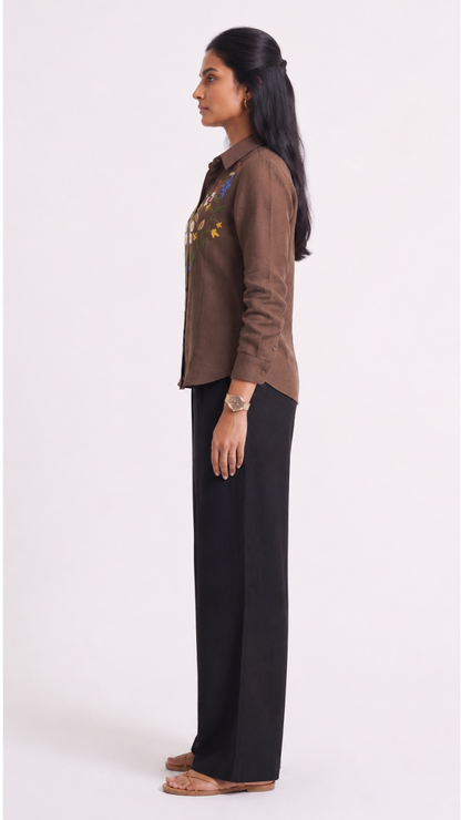 Brown Garden Embroidered Cotton Shirt