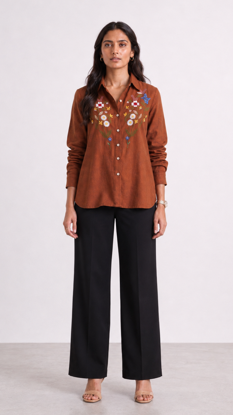 Rust Garden Embroidered Cotton Shirt