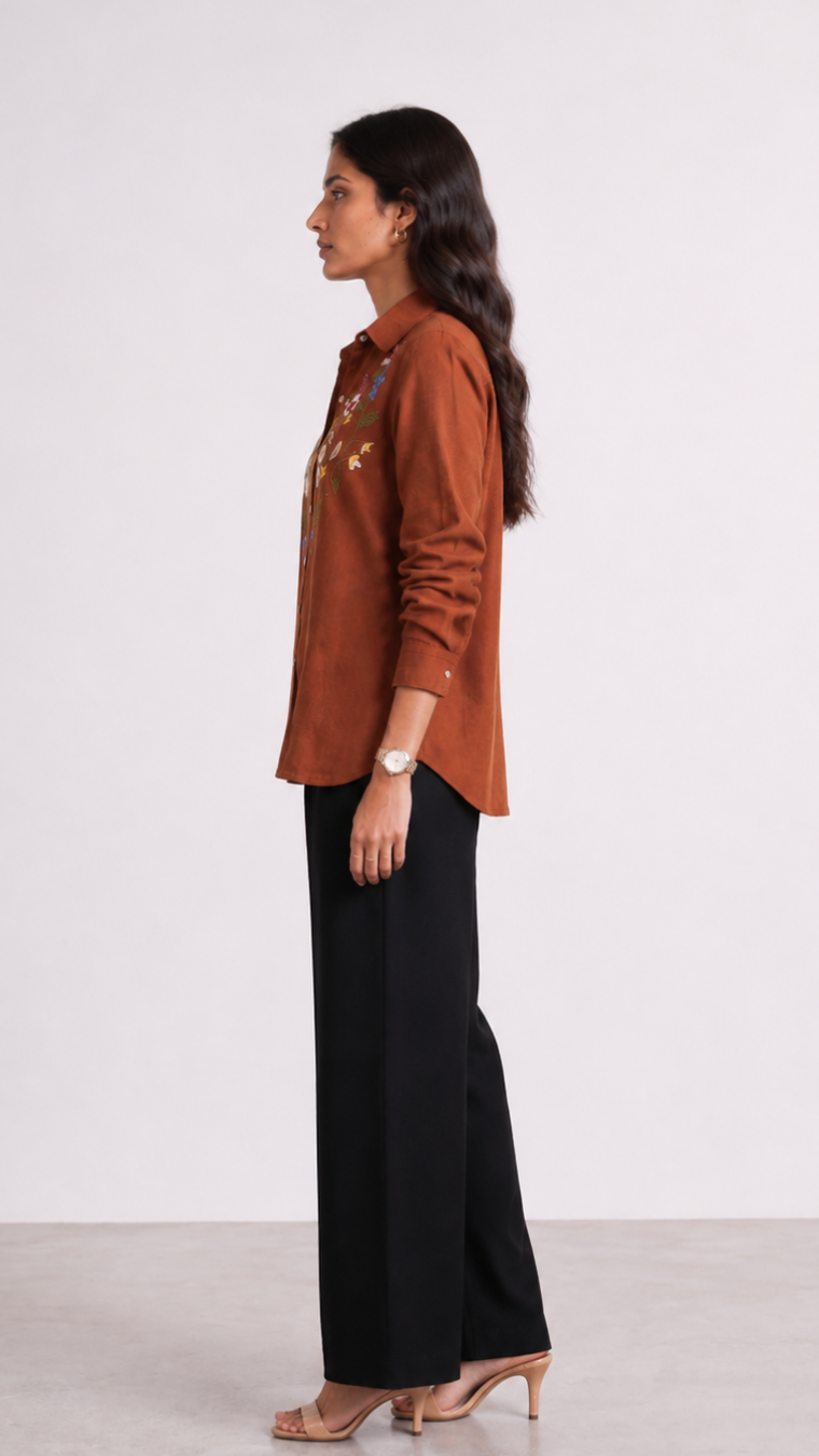 Rust Garden Embroidered Cotton Shirt