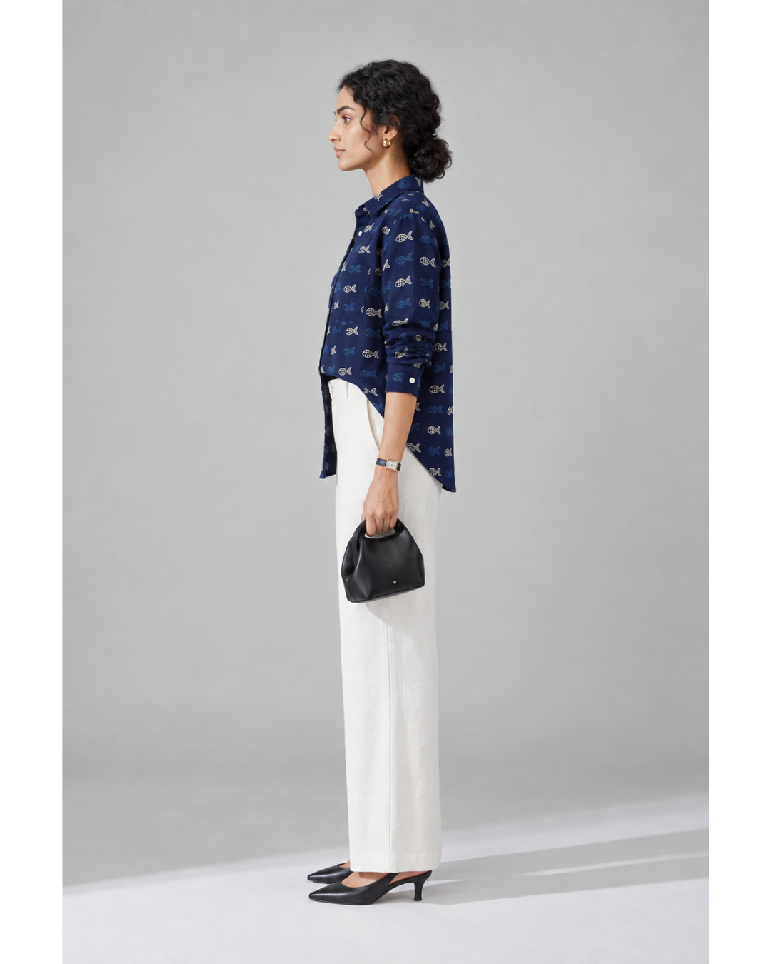 Navy Aqua Print cotton shirt, full-frame side view