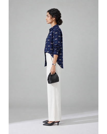 Navy Aqua Print cotton shirt, full-frame side view