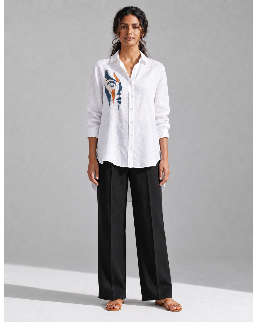 White face embroidered shirt, full-frame front view