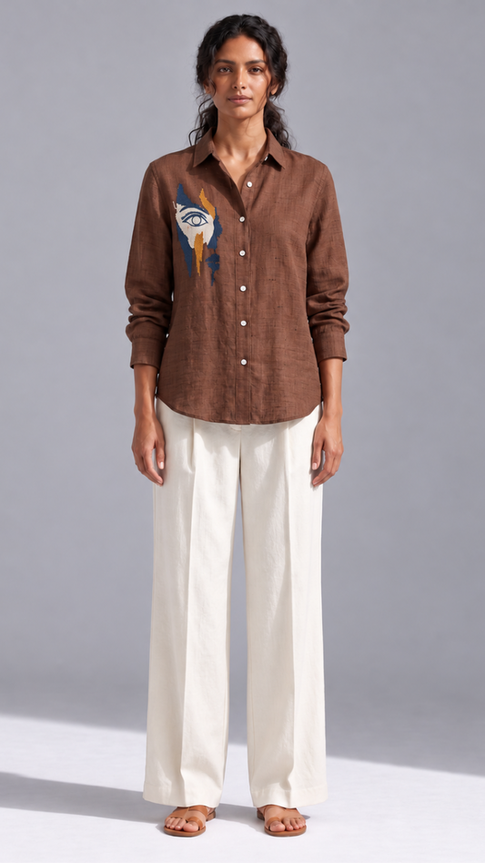 Face Embroidered Brown  Shirt