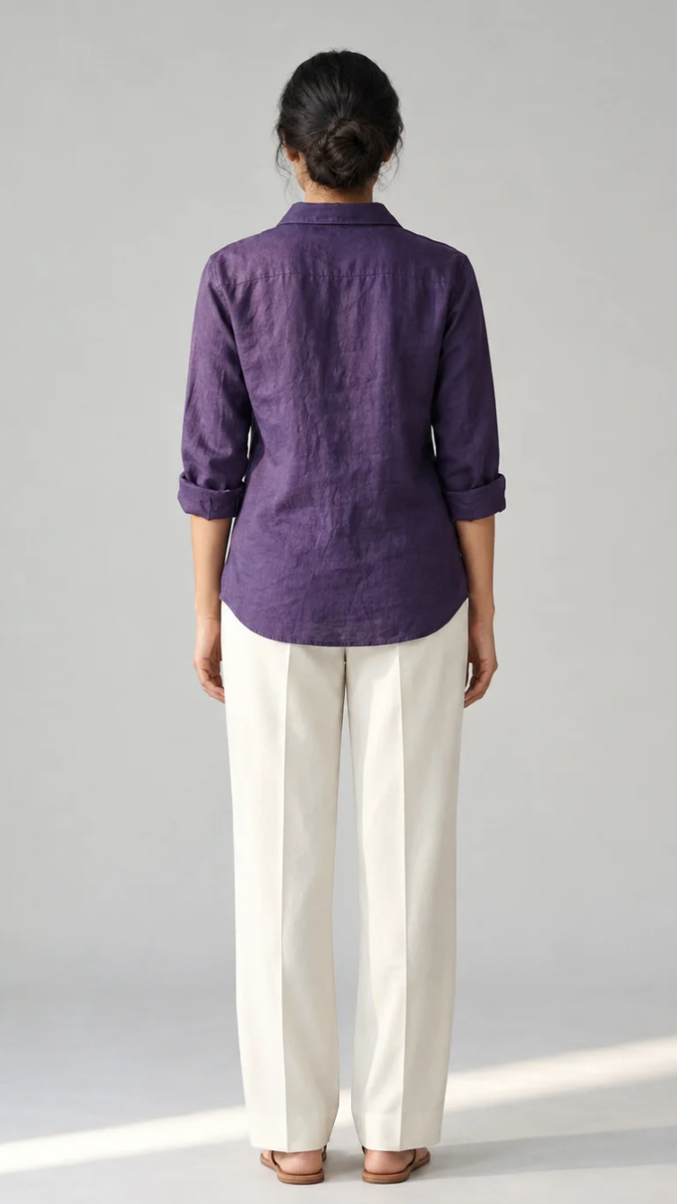 Amethyst Bloom purple cotton linen slub embroidered shirt – back view