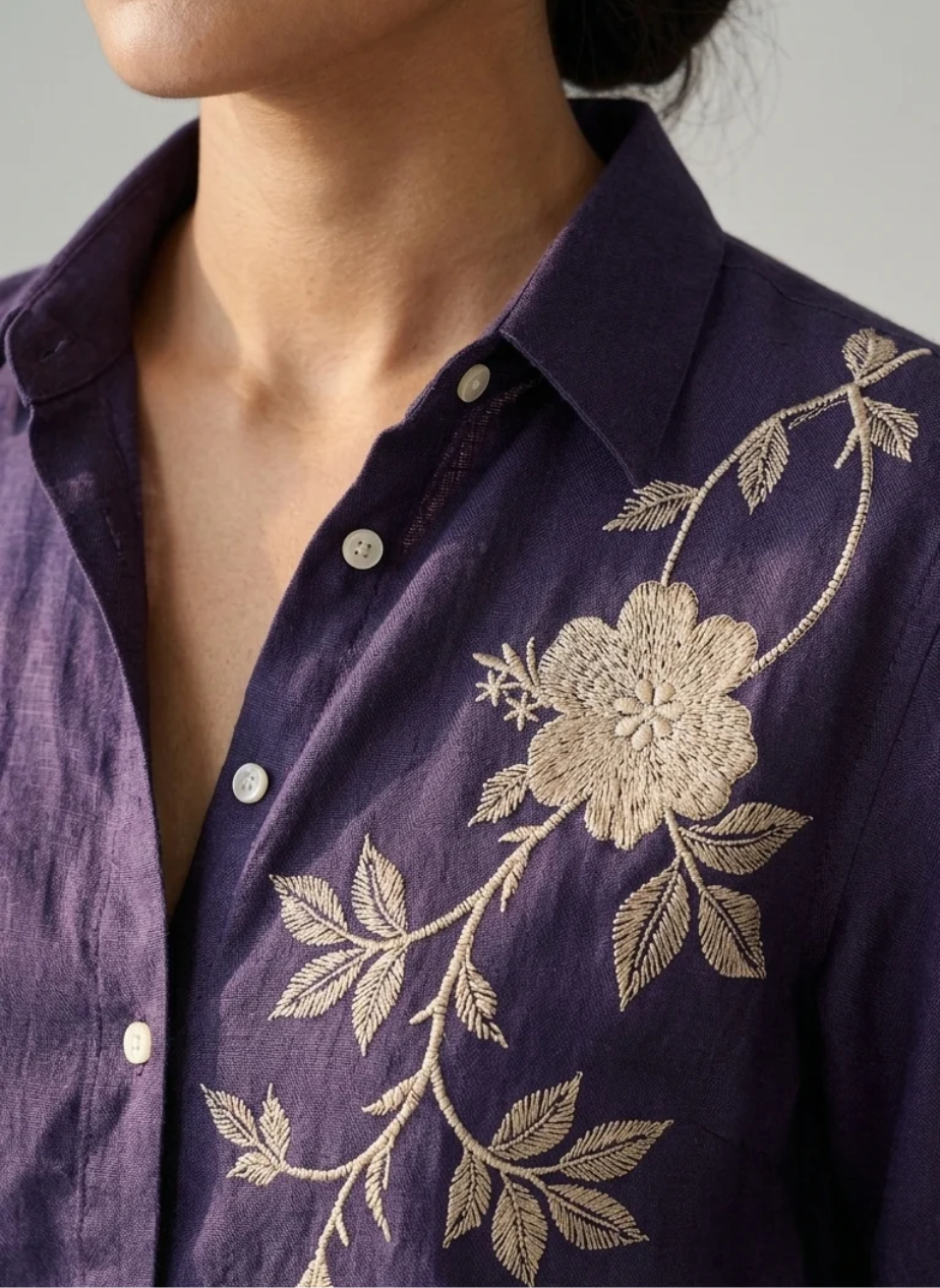 Amethyst Bloom purple cotton linen slub embroidered shirt – detail view