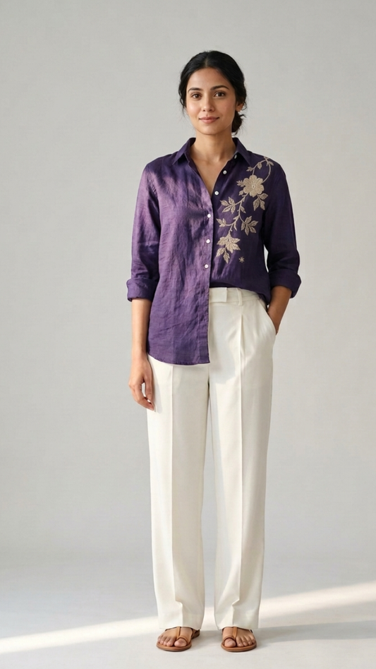 Amethyst Bloom purple cotton linen slub embroidered shirt – front view