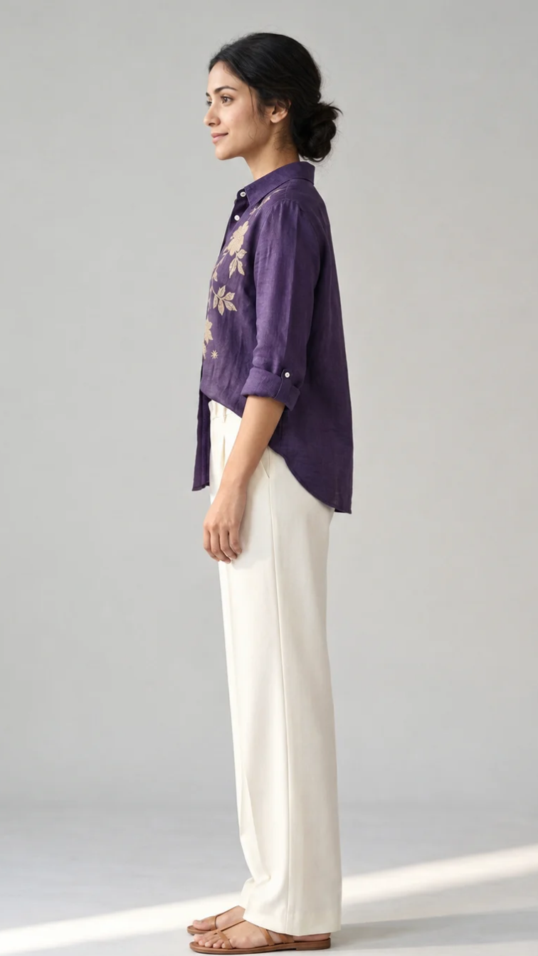 Amethyst Bloom purple cotton linen slub embroidered shirt – side view