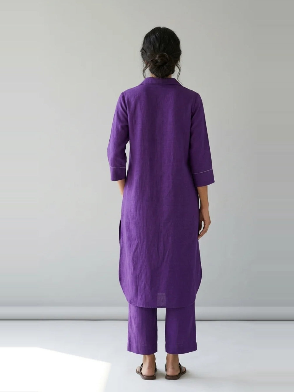 Amethyst Grace – Purple Cotton Linen Slub Kurta Co-ord Set – full-length back view