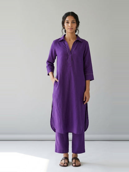 Amethyst Grace – Purple Cotton Linen Slub Kurta Co-ord Set – full-length front view