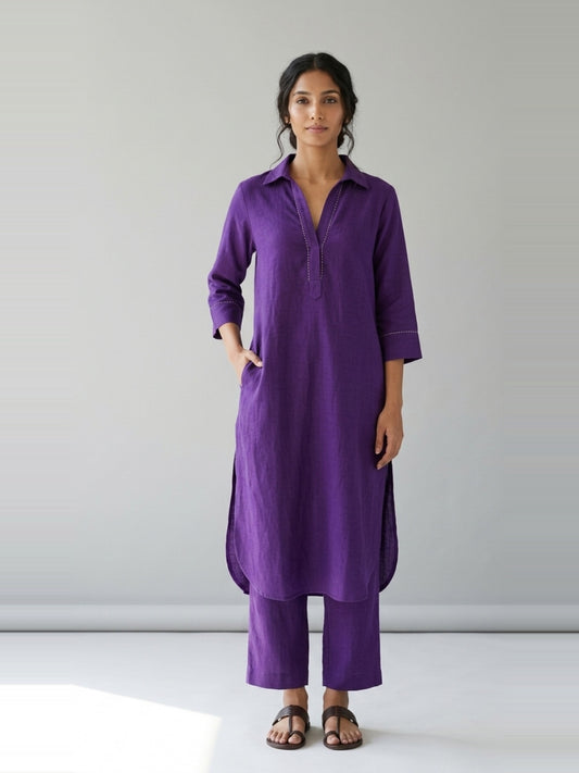 Amethyst Grace – Purple Cotton Linen Slub Kurta Co-ord Set – full-length front view