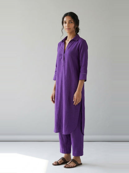 Amethyst Grace – Purple Cotton Linen Slub Kurta Co-ord Set – full-length side view