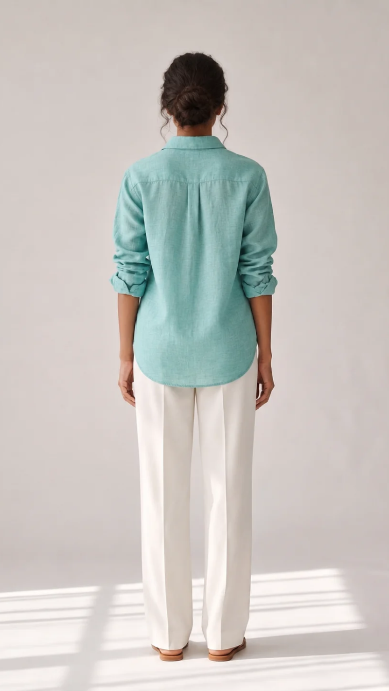 Aqua Fern cotton linen slub embroidered shirt – back view