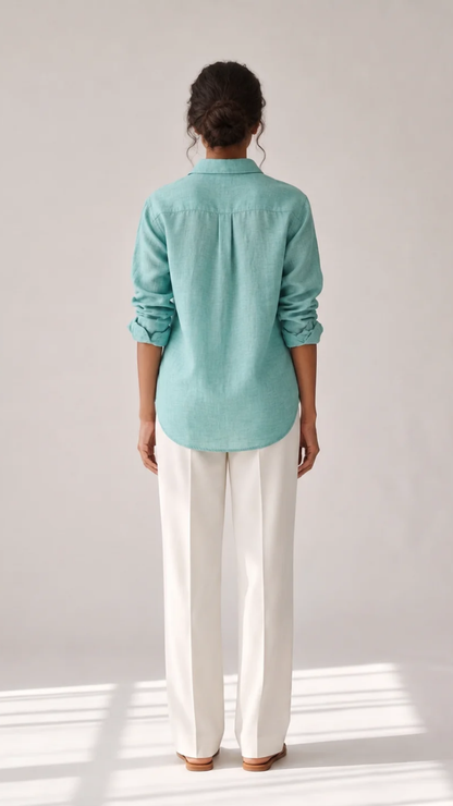 Aqua Fern cotton linen slub embroidered shirt – back view