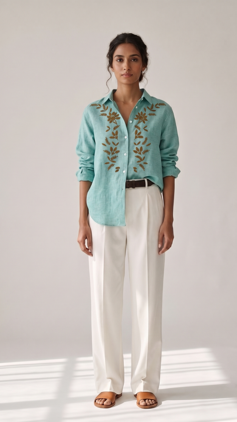 Aqua Fern cotton linen slub embroidered shirt – front view