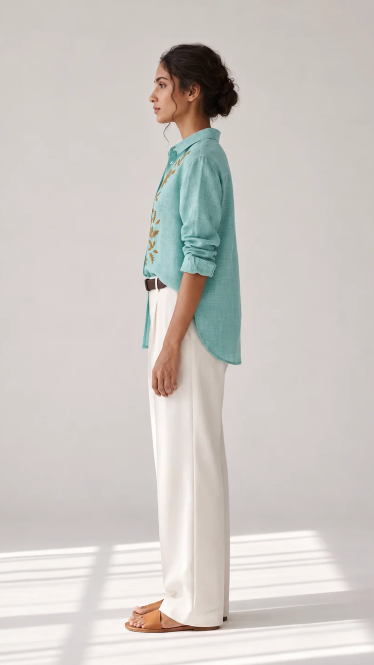 Aqua Fern cotton linen slub embroidered shirt – side view