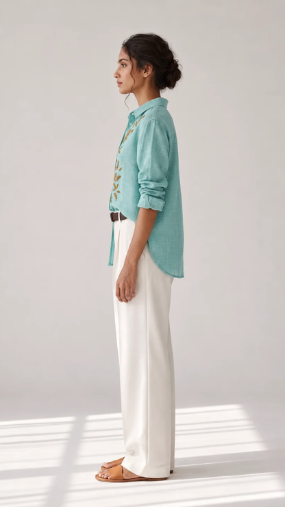 Aqua Fern cotton linen slub embroidered shirt – side view