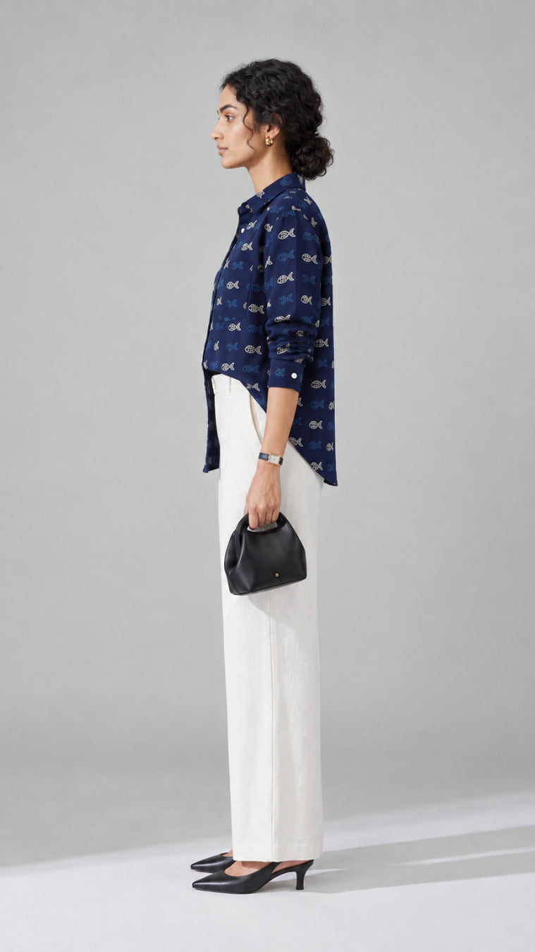 Navy Aqua Print cotton shirt, side view showing the curved shirt-tail hem