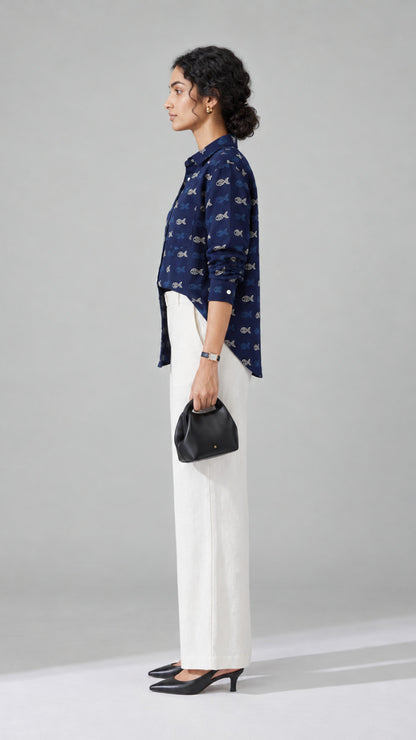 Navy Aqua Print cotton shirt, side view showing the curved shirt-tail hem
