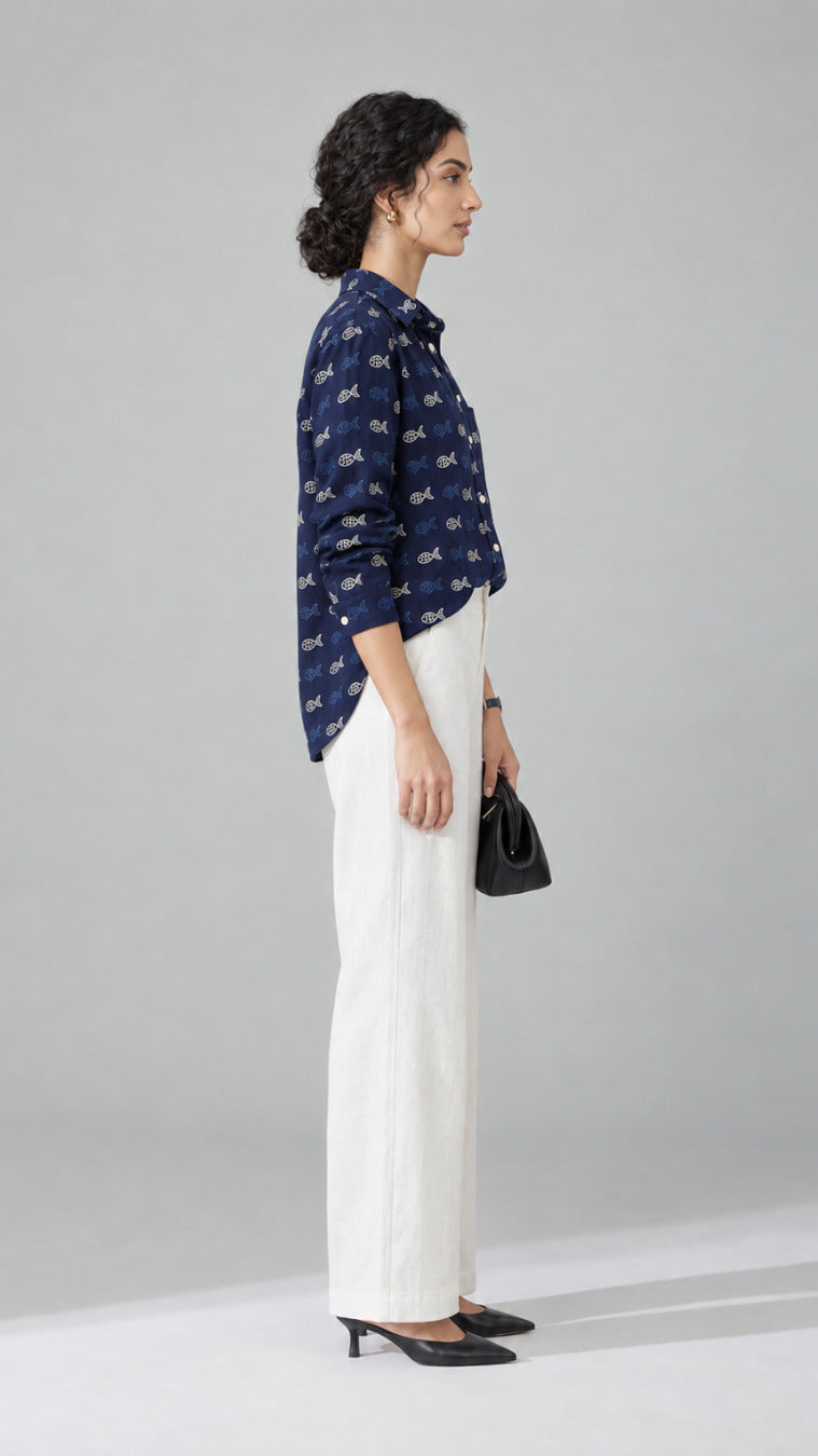 Navy Aqua Print cotton shirt, opposite side view with rolled buttoned cuffs