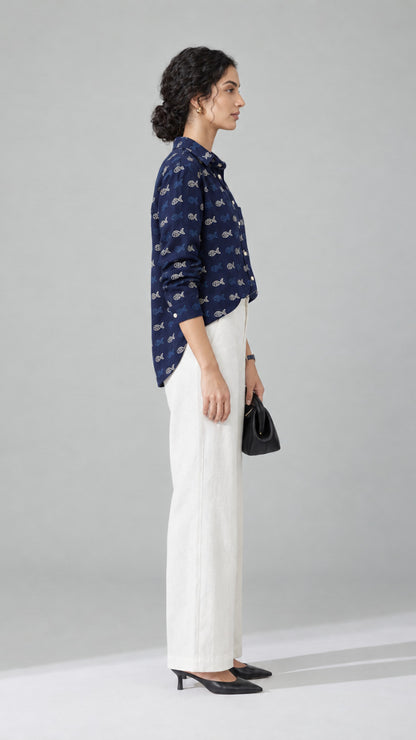 Navy Aqua Print cotton shirt, opposite side view with rolled buttoned cuffs