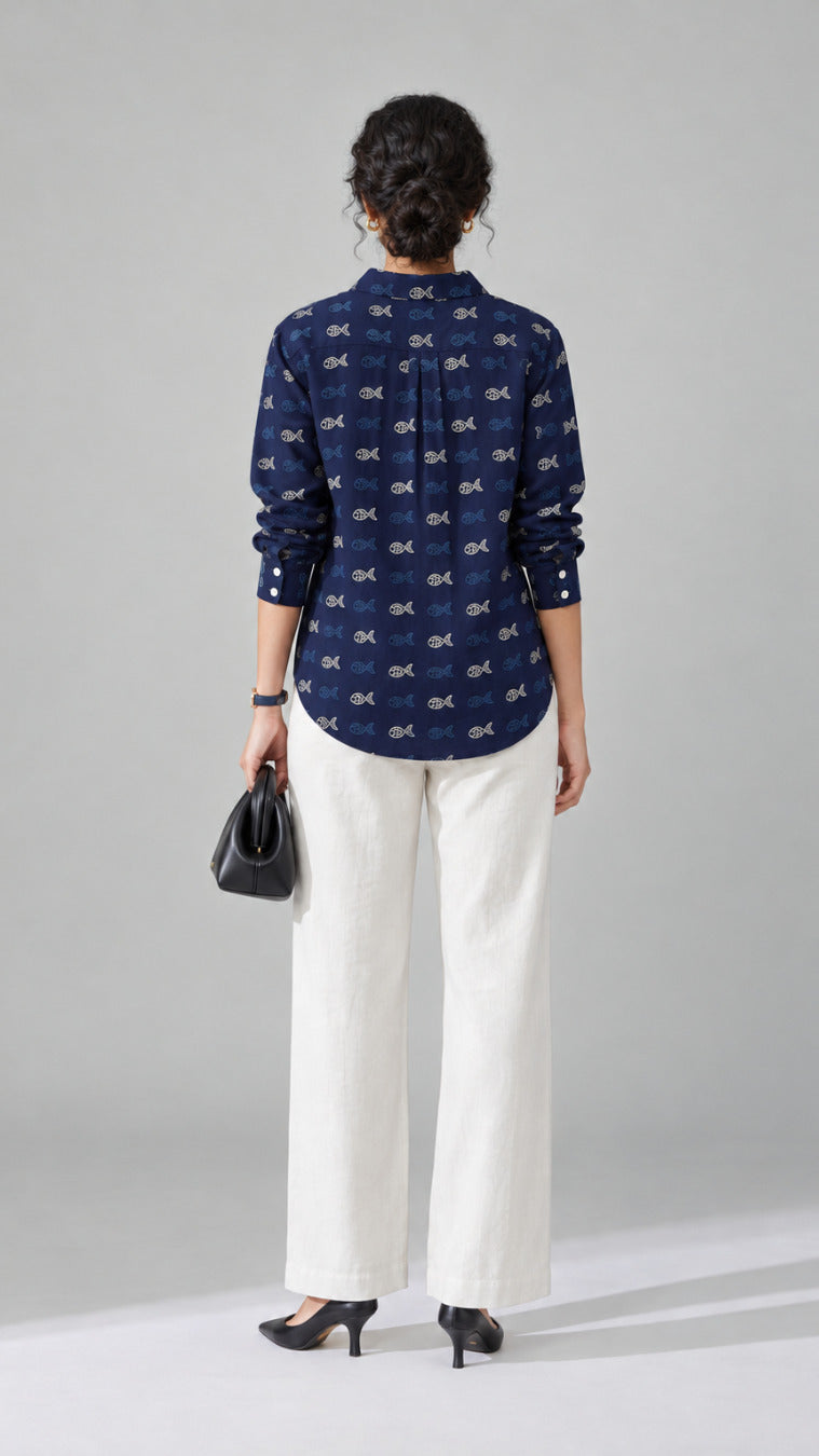 Navy Aqua Print cotton shirt, back view showing the all-over ivory motif