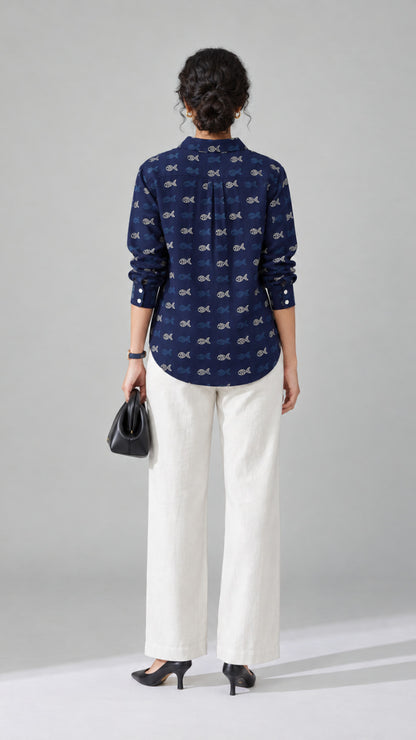 Navy Aqua Print cotton shirt, back view showing the all-over ivory motif