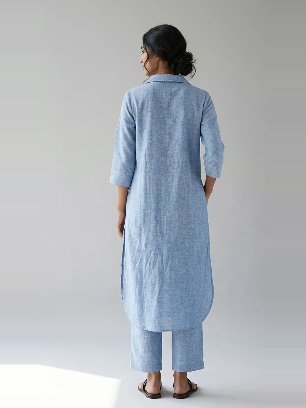 Azure Ease sky blue cotton linen slub co-ord set – full-length back view
