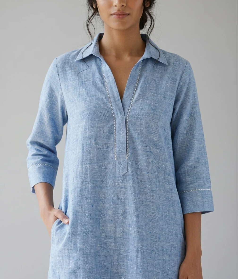 Azure Ease sky blue cotton linen slub co-ord set – close-up of collar, contrast stitching, sleeves and slub texture