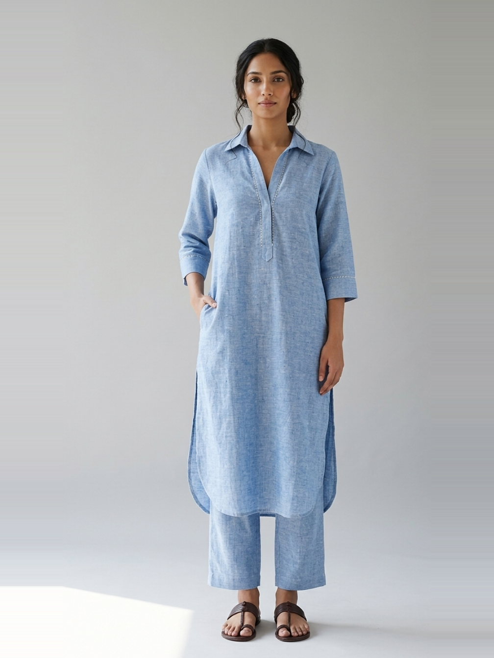 Azure Ease sky blue cotton linen slub co-ord set – full-length front view