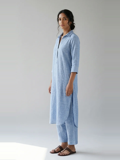 Azure Ease sky blue cotton linen slub co-ord set – full-length side view