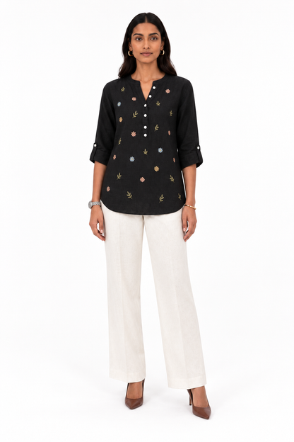 Utsav Embroidered Cotton Top – Black