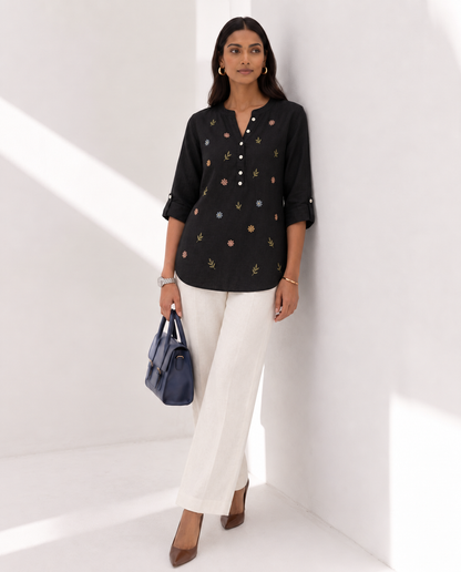 Utsav Embroidered Cotton Top – Black