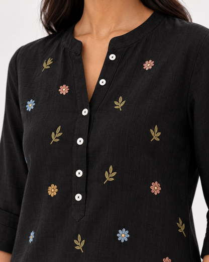 Utsav Embroidered Cotton Top – Black