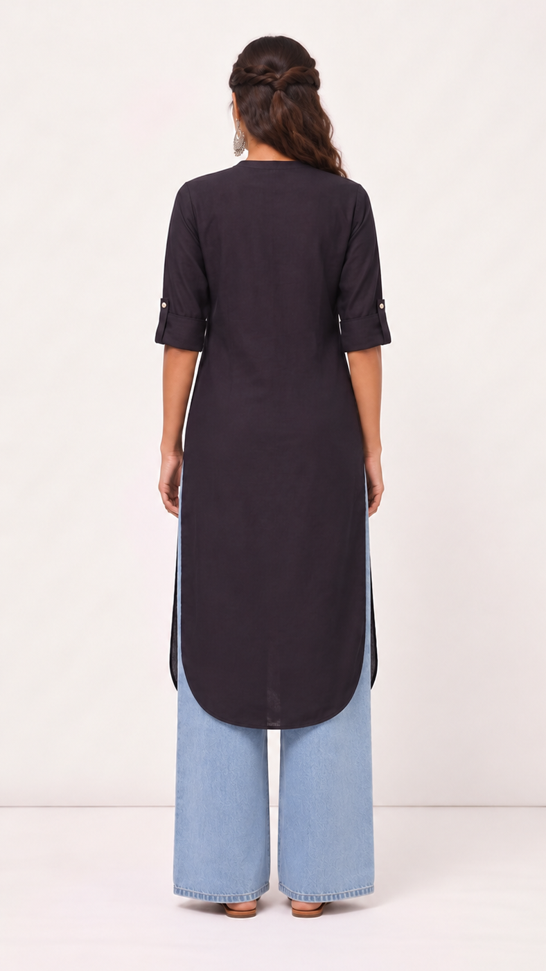 Shyama Black Solid Cotton Linen Long Kurta for Women | Mandarin Collar Straight Kurti