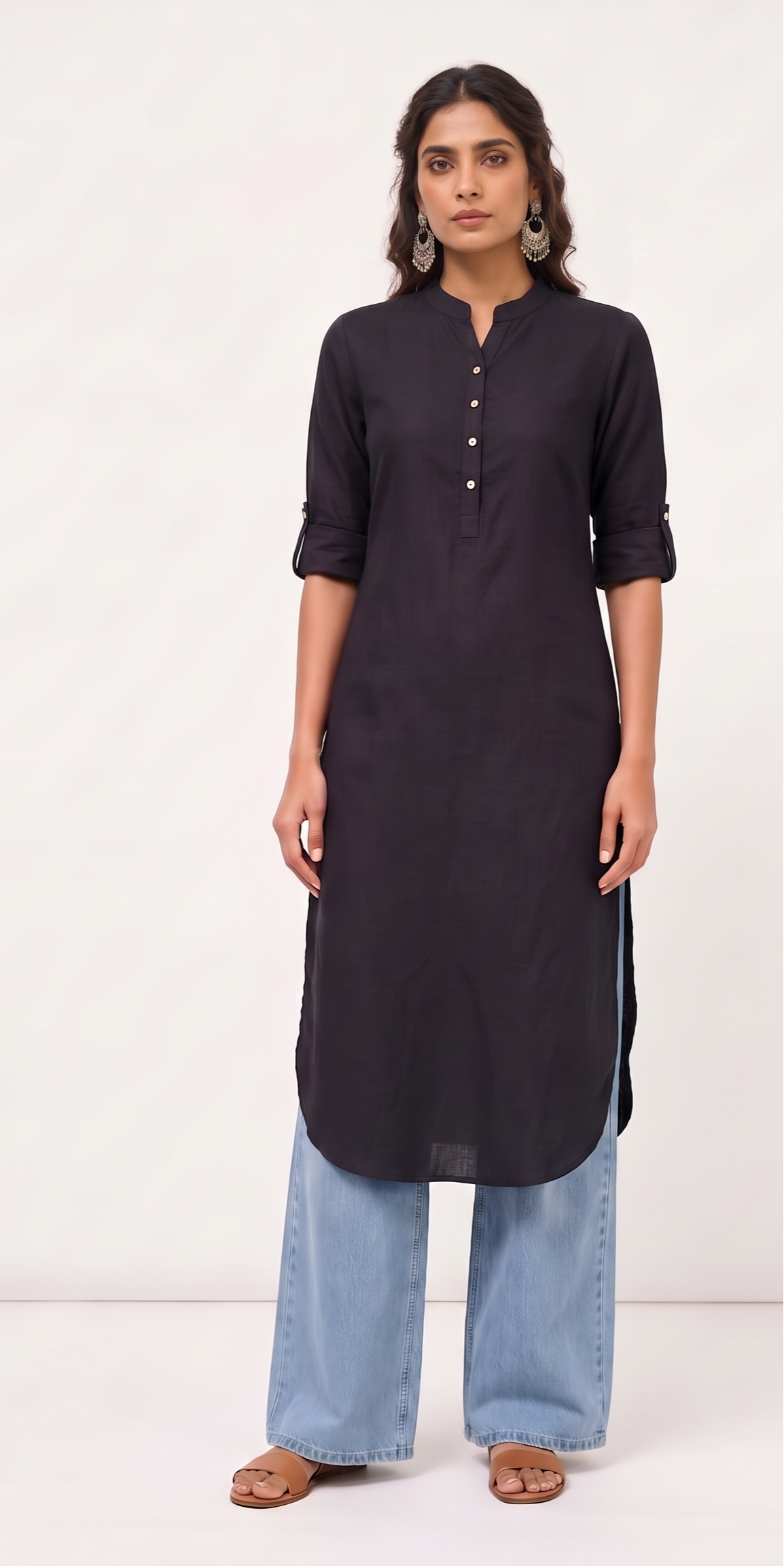 Shyama Black Solid Cotton Linen Long Kurta for Women | Mandarin Collar Straight Kurti