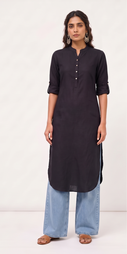 Shyama Black Solid Cotton Linen Long Kurta for Women | Mandarin Collar Straight Kurti