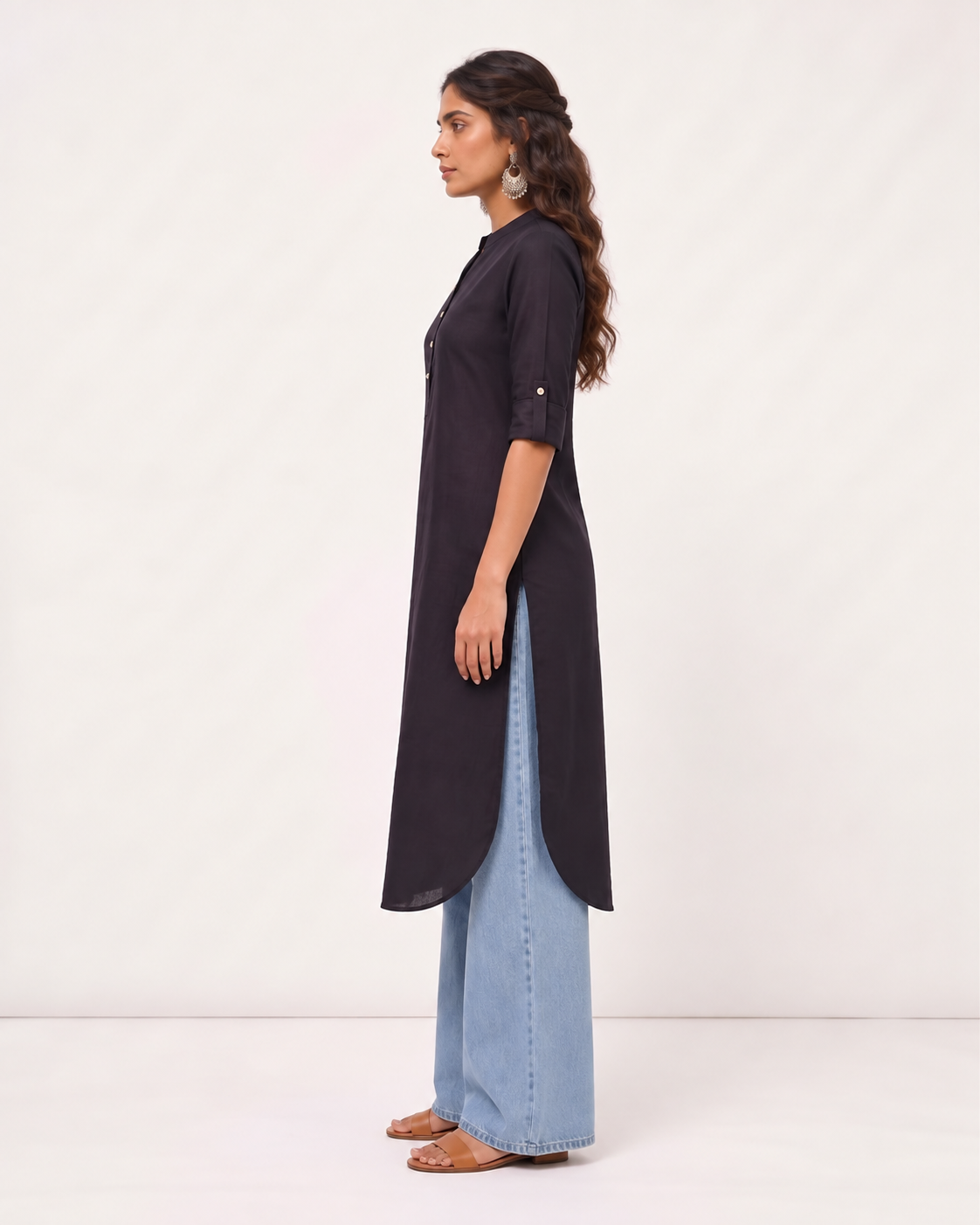 Shyama Black Solid Cotton Linen Long Kurta for Women | Mandarin Collar Straight Kurti
