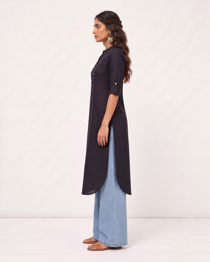 Shyama Black Solid Cotton Linen Long Kurta for Women | Mandarin Collar Straight Kurti
