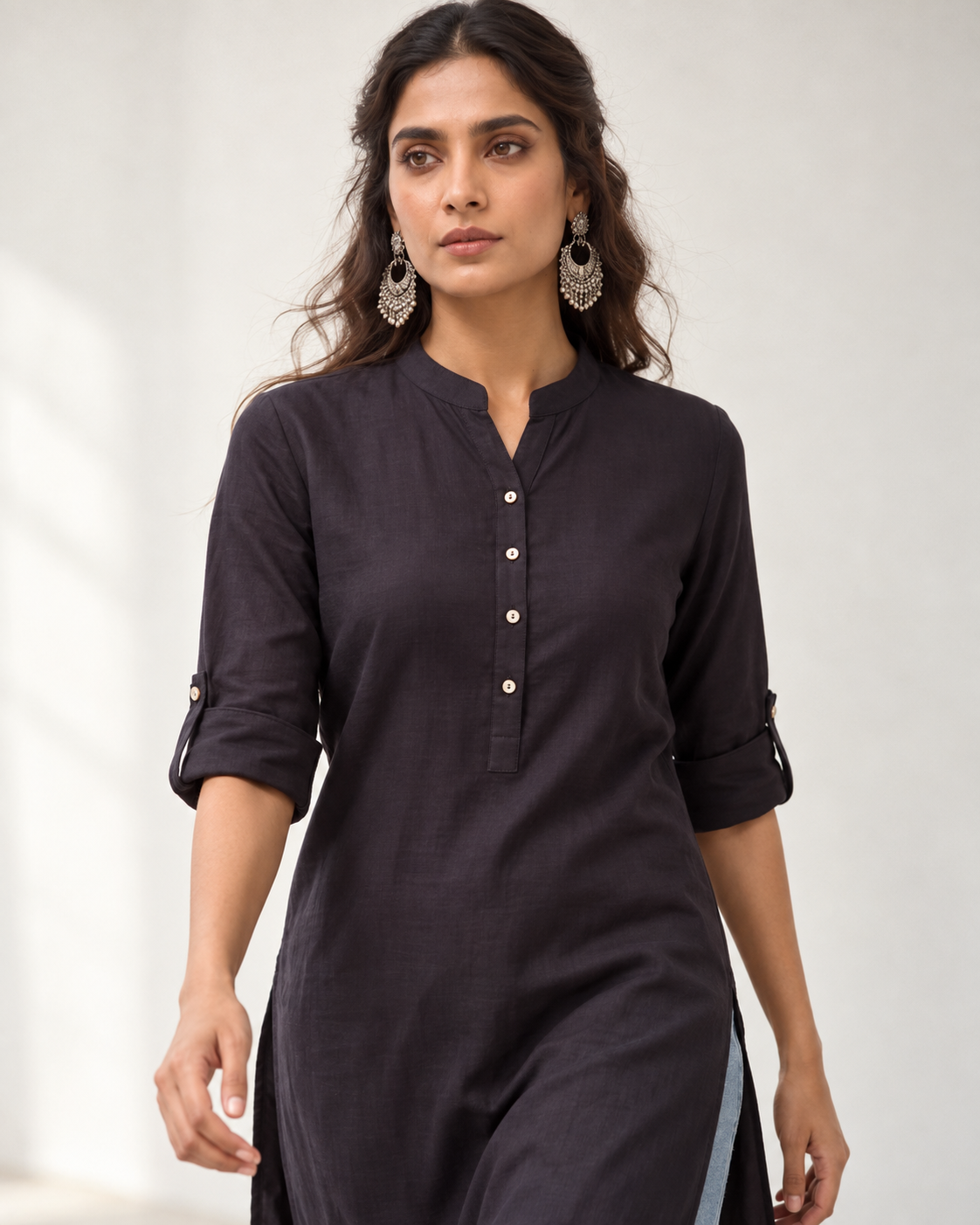 Shyama Black Solid Cotton Linen Long Kurta for Women | Mandarin Collar Straight Kurti