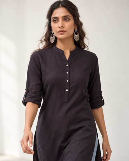 Shyama Black Solid Cotton Linen Long Kurta for Women | Mandarin Collar Straight Kurti