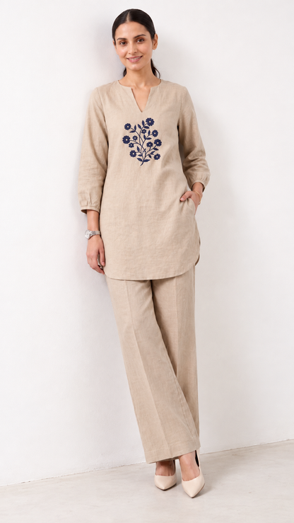 Sahara Bloom — Embroidered Cotton Linen Co-ord Set | Notch Neck Kurta & Elastic Waist Pants